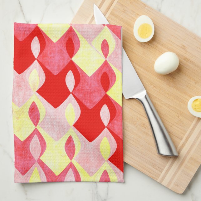 Retro Geometric Diamond Pattern Red, Pink & Yellow Tea Towel (Quarter Fold)