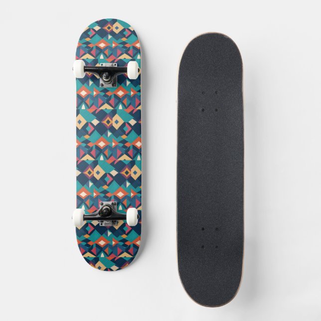 Retro Geometric Diamonds in Teals Yellows Orange Skateboard (Front)