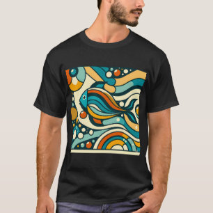 Retro Geometric Fish Abstract Waves in Teal and Or T-Shirt