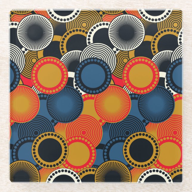 Retro Geometric: Golden Circles Harmony Glass Coaster (Front)