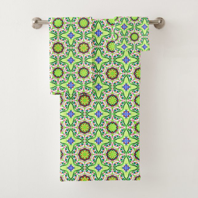 Retro Geometric green/blue Bath Towel Set (Insitu)
