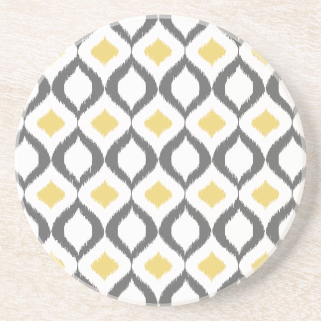 Retro Geometric Ikat Yellow Grey Pattern Coaster (Front)