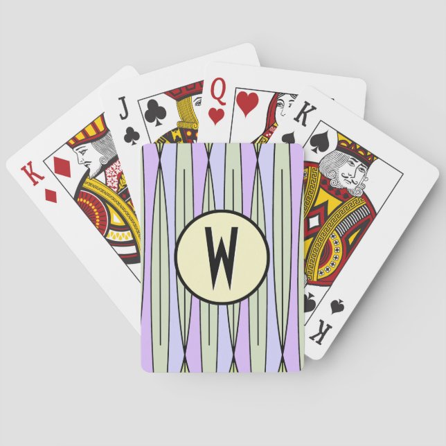 Retro Geometric Pale Green & Lavender -Monogrammed Playing Cards (Back)