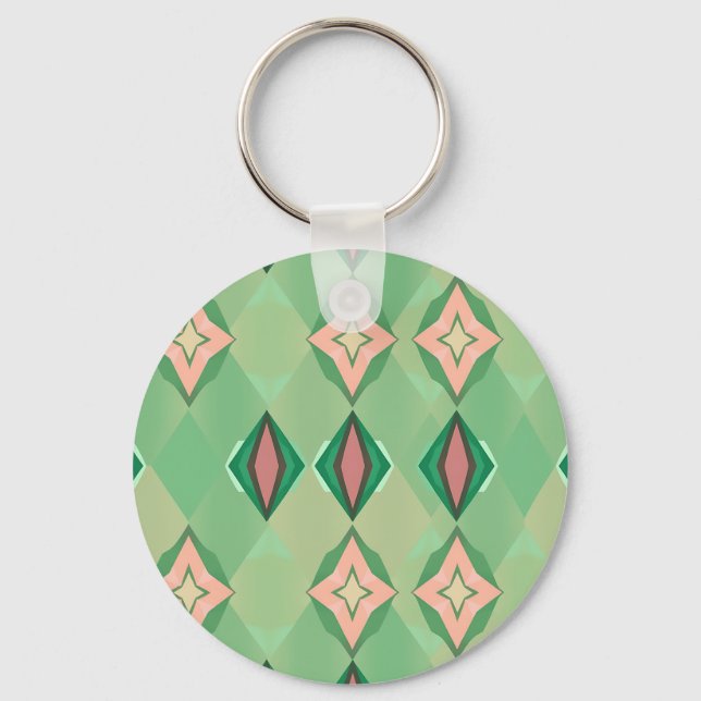 Retro Geometric Pattern Green Pink Diamond Star Key Ring (Front)