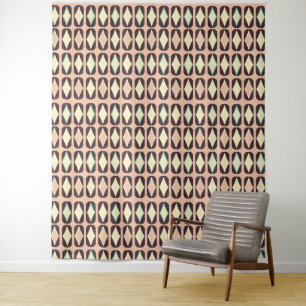Retro geometric pattern with brown, yellow, blue tapestry