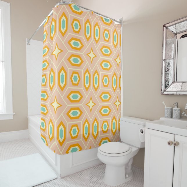 Retro geometric pattern with hexagons and stars shower curtain (In Situ)