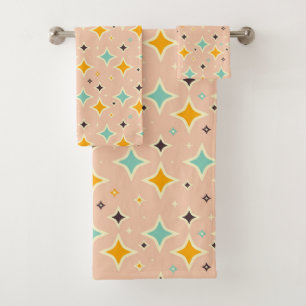 Retro geometric pattern with teal, orange, black bath towel set