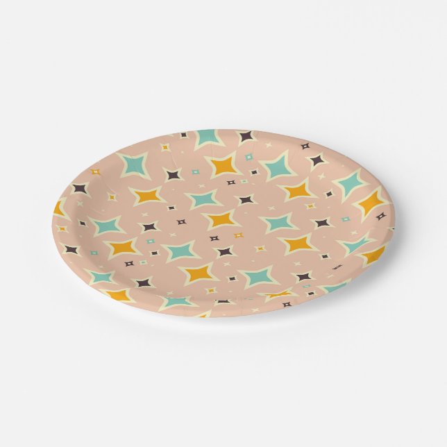 Retro geometric pattern with teal, orange, black paper plate (Angled)