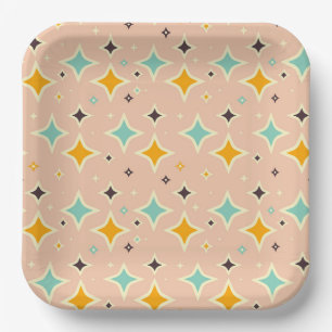 Retro geometric pattern with teal, orange, black paper plate