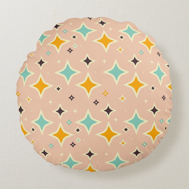 Retro geometric pattern with teal, orange, black round cushion (Front)