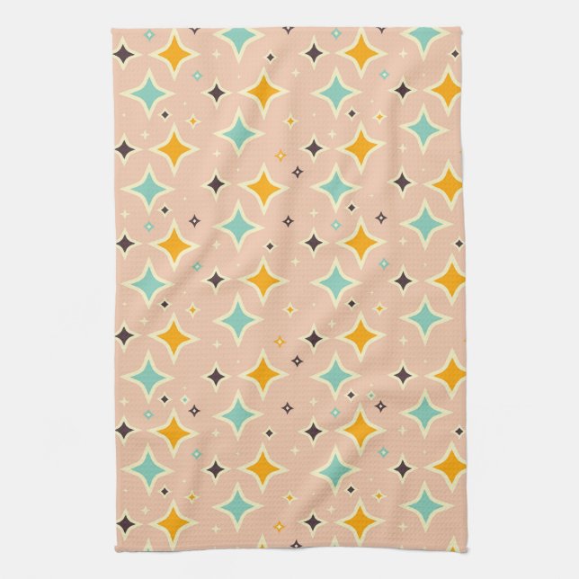 Retro geometric pattern with teal, orange, black tea towel (Vertical)