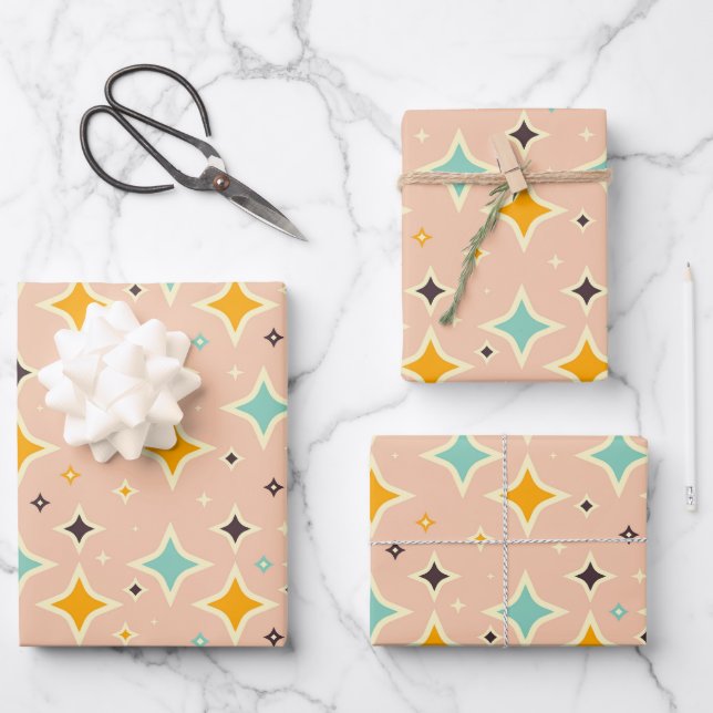 Retro geometric pattern with teal, orange, black wrapping paper sheet (Front)