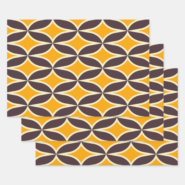 Retro geometric pattern yellow and brown leaf wrapping paper sheet (Set)