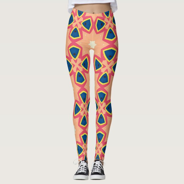 Retro Geometric Peach Blue Pink Pattern Leggings (Front)