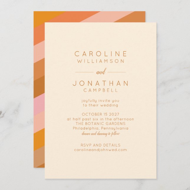 Retro Geometric Pink and Orange Chic Wedding Invitation (Front/Back)