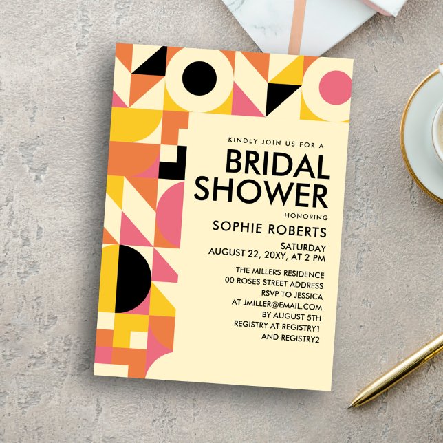 Retro Geometric Pink Orange Yellow Bridal Shower Invitation (Creator Uploaded)