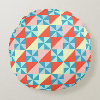 Retro Geometric Pinwheel and Triangle Pattern Round Cushion
