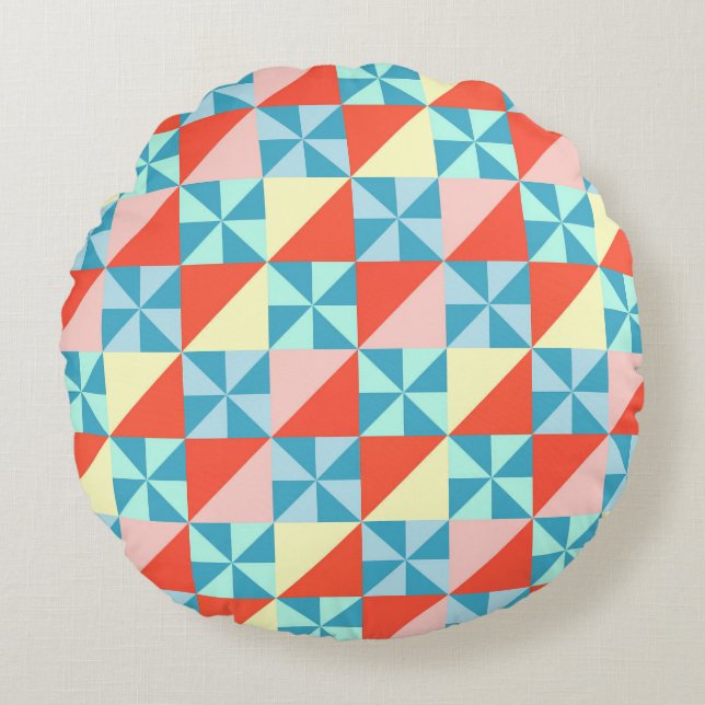 Retro Geometric Pinwheel and Triangle Pattern Round Cushion (Front)