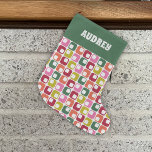 Retro Geometric Print 1970s Personalised Large Christmas Stocking<br><div class="desc">Add some joy to your Christmas gifts with this patterned stocking featuring a simple geometric pattern in a retro 1970s colour palette of red,  lime green,  orange,  pink and green against a white background. Your name appears at the top in retro style white lettering against a green background.</div>