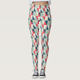 Retro Geometric Red and Blue Triangles Pattern Leggings