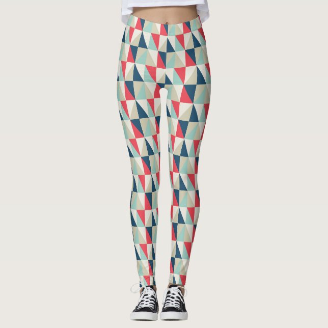 Retro Geometric Red and Blue Triangles Pattern Leggings (Front)