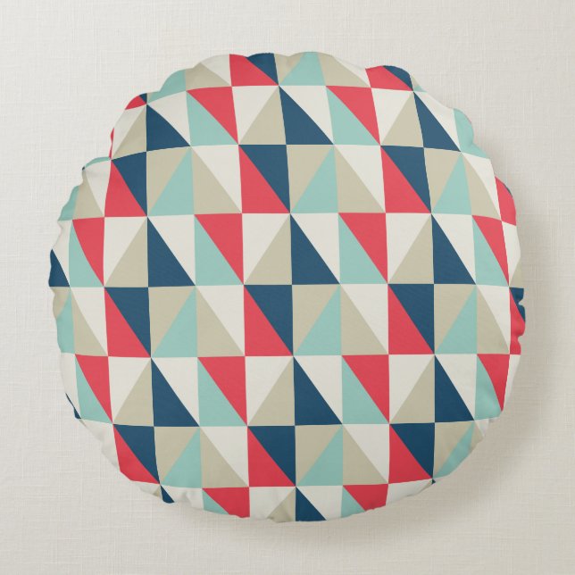 Retro Geometric Red and Blue Triangles Pattern Round Cushion (Front)