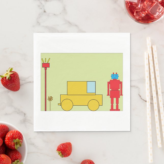 Retro Geometric Robot and Yellow Car Napkin (Creator Uploaded)
