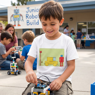 Retro Geometric Robot and Yellow Car T-Shirt
