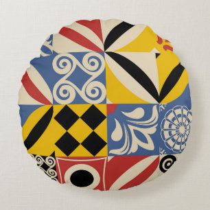 Retro geometric shapes: Azulejos tiles. Round Cushion
