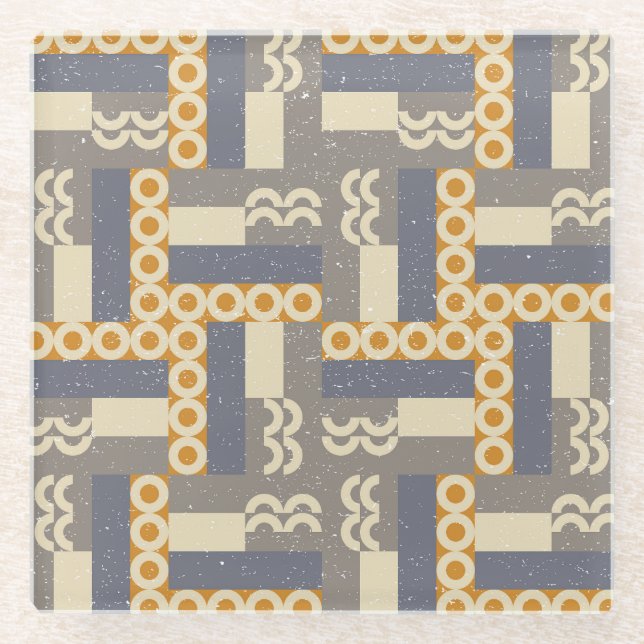 Retro geometric shapes, modern pattern glass coaster (Front)