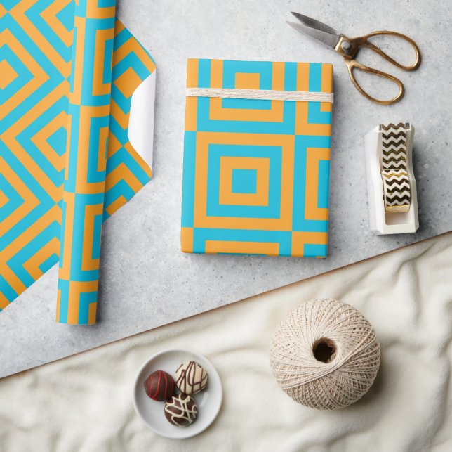 Retro Geometric Square Pattern – Bold Orange  Wrapping Paper (Crafts)