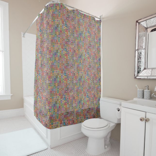 Retro Geometric Square Tile Pattern Shower Curtain (In Situ)