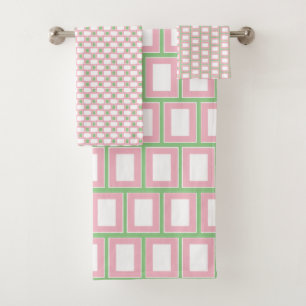 Retro Geometric Square Tiled Pink White Pattern Ba Bath Towel Set