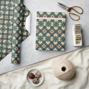Retro Geometric Starburst Pattern in Cream, Red Wrapping Paper