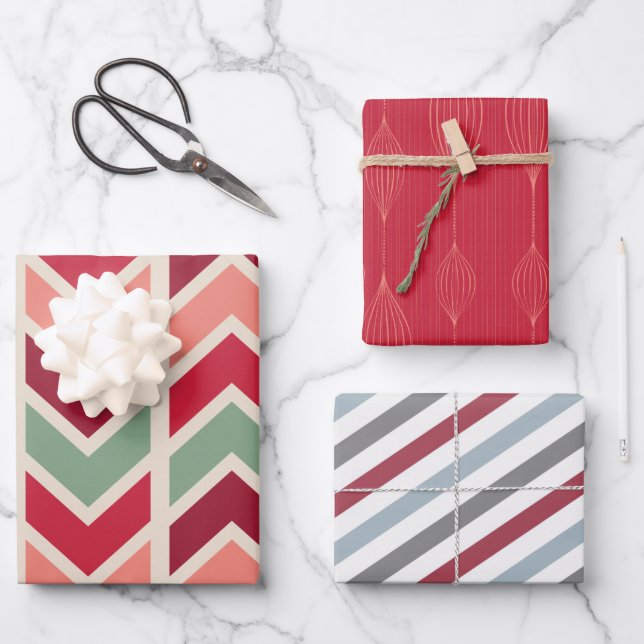 Retro Geometric Stripes Custom Holiday Christmas Wrapping Paper Sheet (Front)