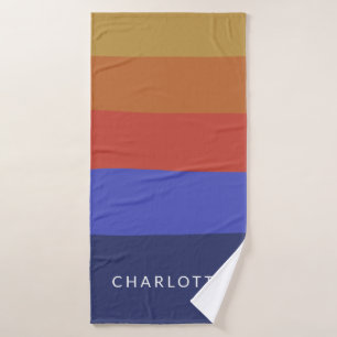 Retro Geometric Stripes Personalised Bold Blue Red Bath Towel