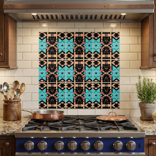 Retro Geometric Teal and Pink Star Pattern Tile