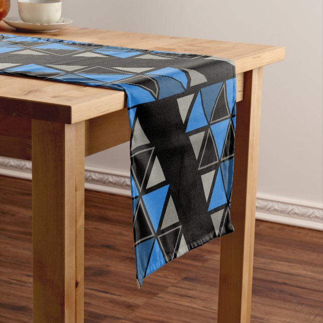 Retro Geometric Triangles Blue Silver Short Table Runner (In Situ)