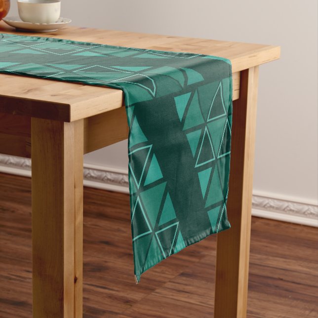Retro Geometric Triangles Teal Short Table Runner (In Situ)