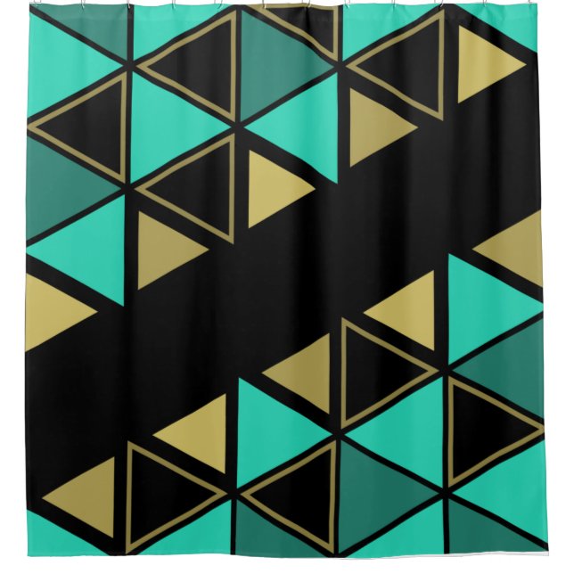 Retro Geometric Triangles Turquoise Gold Shower Curtain (Front)