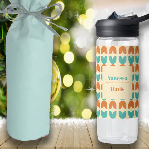 Retro Geometric Tulips Floral Pattern Custom Name Water Bottle