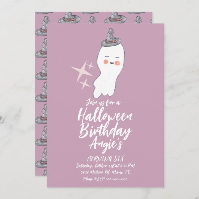 Retro Ghost Doodle Halloween Birthday Party Purple Invitation (Front/Back)