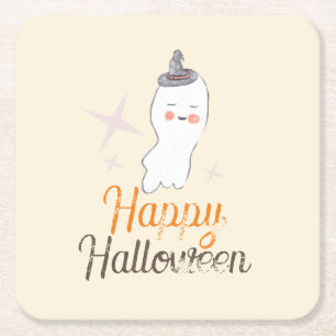 Retro Ghost Doodle Halloween Birthday Party     Square Paper Coaster