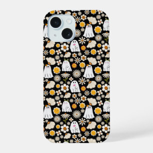 Retro Ghost Flowers Halloween Seamless Pattern iPhone 15 Case