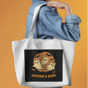 Retro Ghost Kittens Moon Personalised Halloween Tote Bag