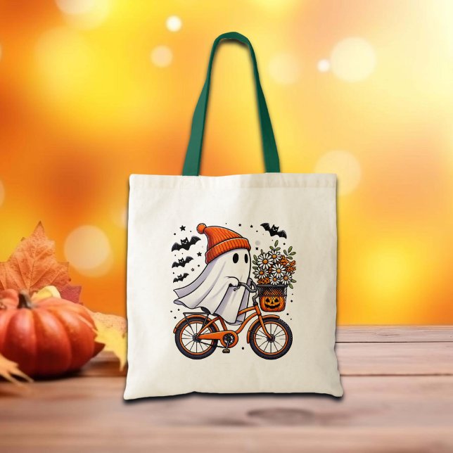Retro Ghost on Bicycle Halloween Tote Bag (Creator Uploaded)