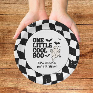 Retro Ghost One Halloween Boy 1st Birthday Paper Plate