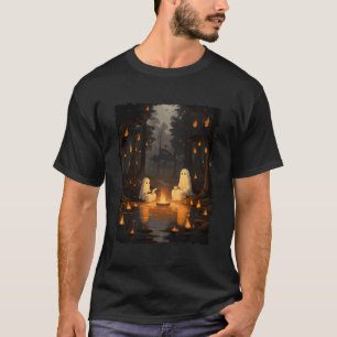 Retro Ghost Reading Book Campfire Halloween Campin T-Shirt