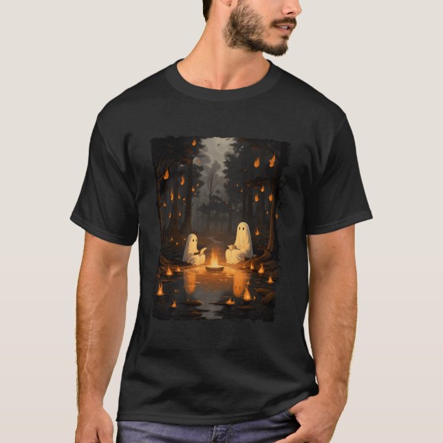 Retro Ghost Reading Book Campfire Halloween Campin T-Shirt (Front)
