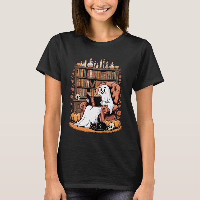 Retro Ghost Reading Books cat, Librarian Ghost Hal T-Shirt (Front)